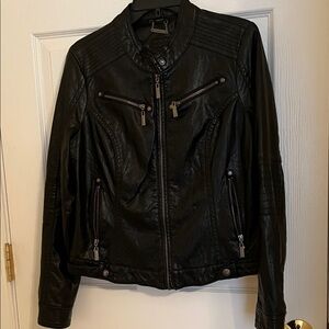 Jou Jou Women's Black Leather Jacket with Zipper Accents